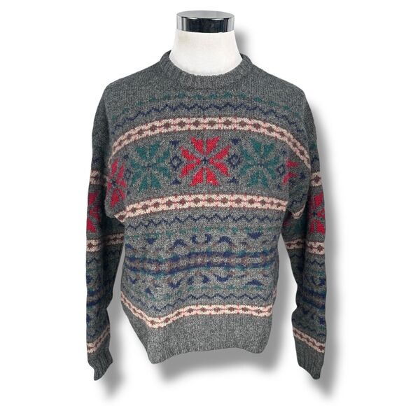 Vintage Gap Sweater Men's Medium Gray Nordic 100% Shetland Wool Crew Pullover - Picture 1 of 10